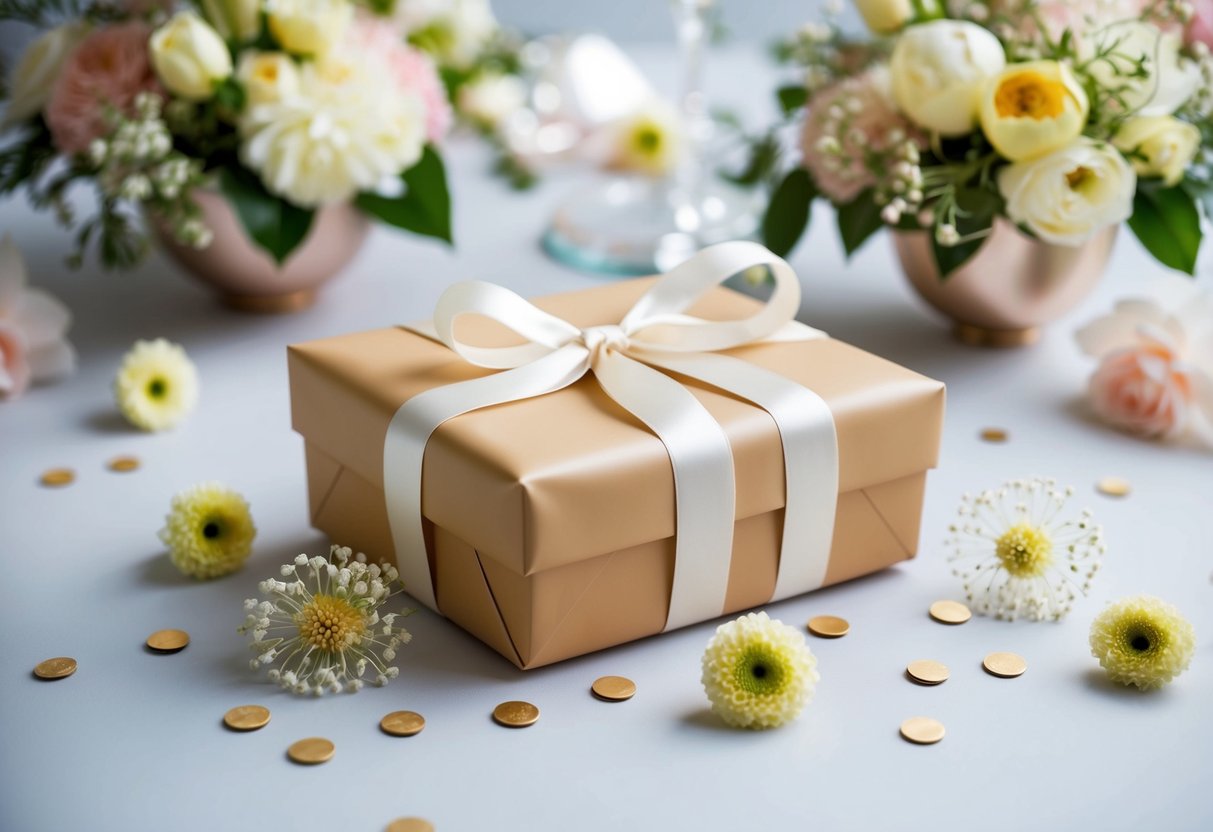 A beautifully wrapped gift box surrounded by delicate flowers and elegant wedding decor