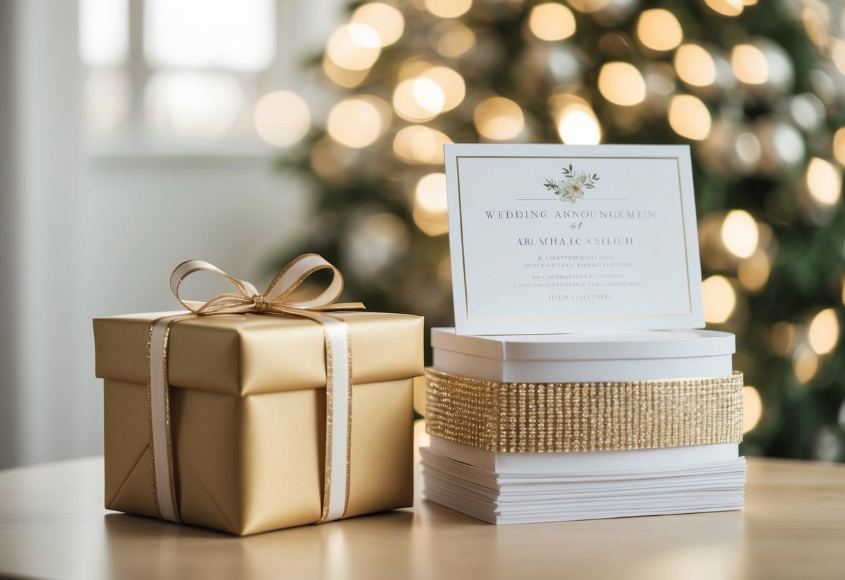 A beautifully wrapped gift box sits on a table next to a stack of elegant wedding announcement cards