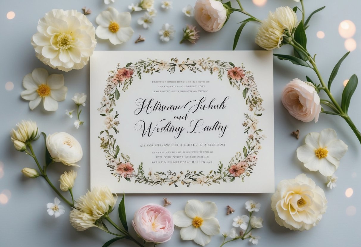 A beautifully decorated wedding announcement card surrounded by delicate flowers and elegant calligraphy