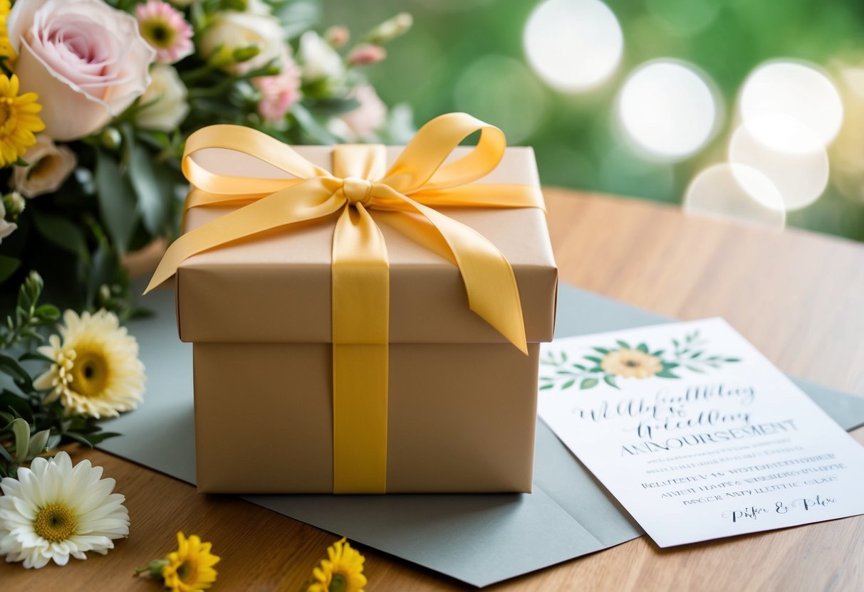 A beautifully wrapped gift box with a ribbon and bow, placed on a table with flowers and a wedding announcement