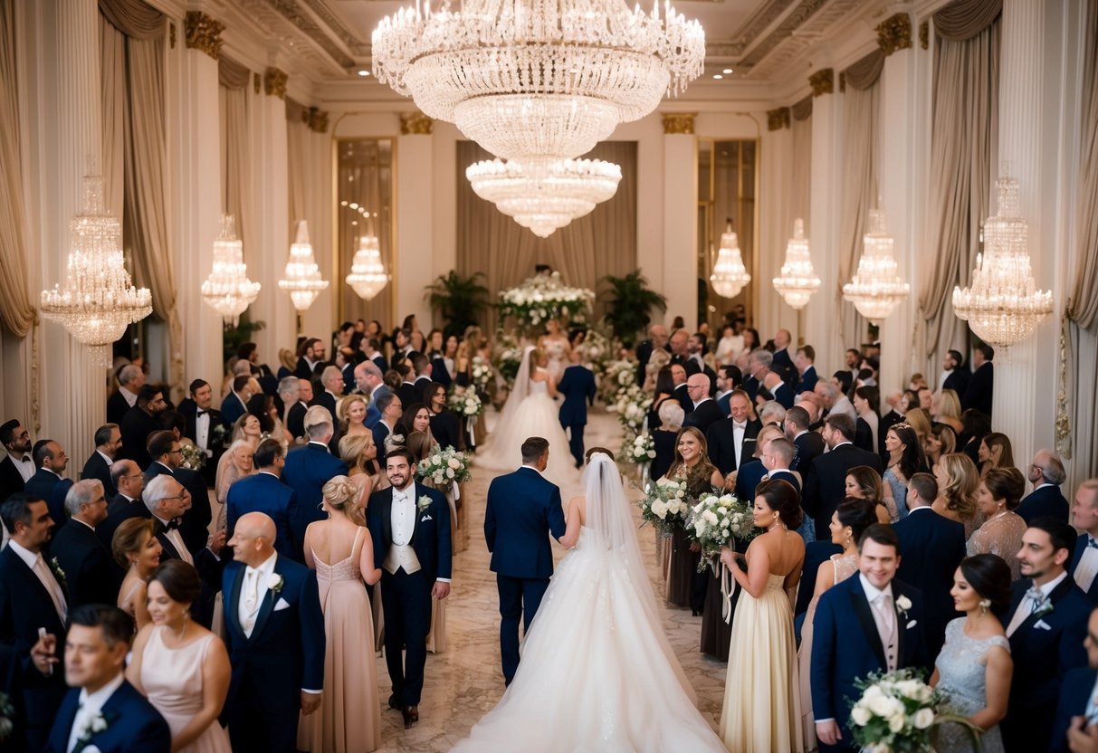 A grand ballroom filled with elegantly dressed guests, the bride and groom at the center of attention, surrounded by opulent decor and sparkling chandeliers