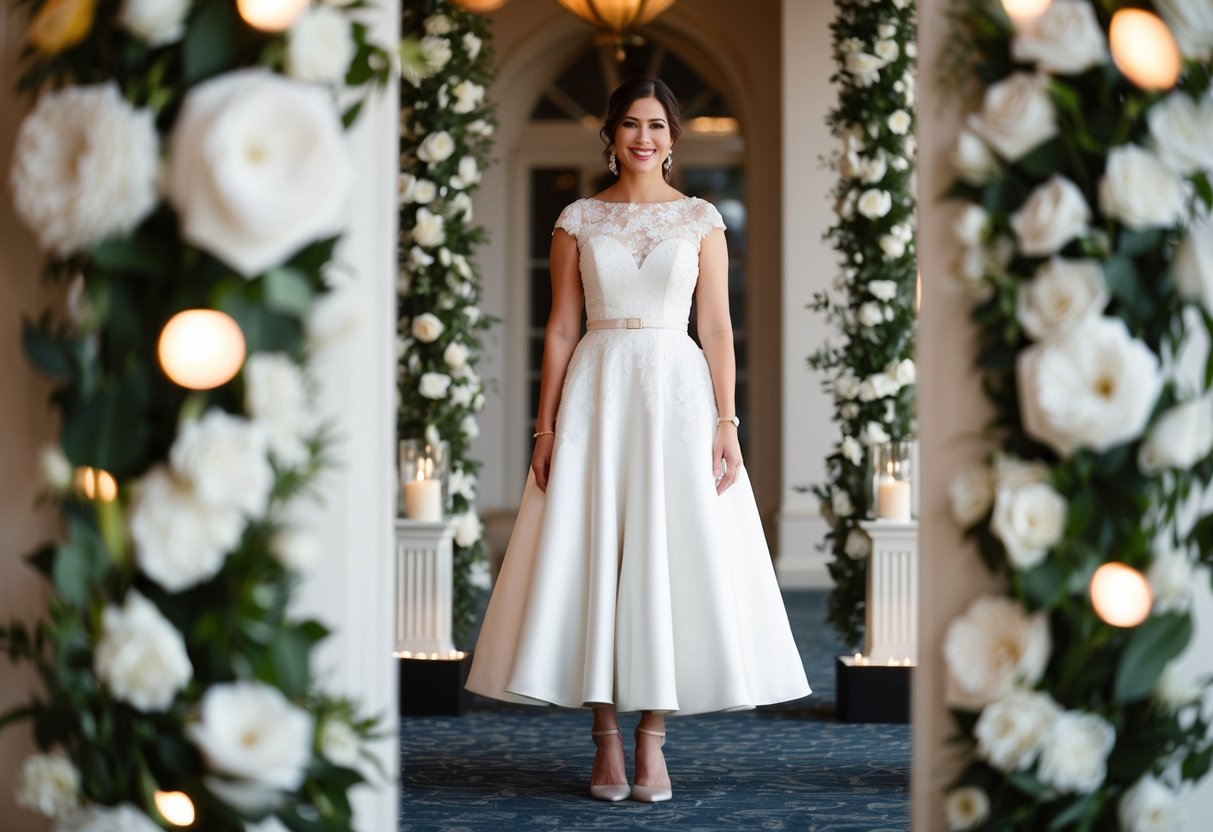 A woman in an ankle-length dress standing among elegant wedding decor