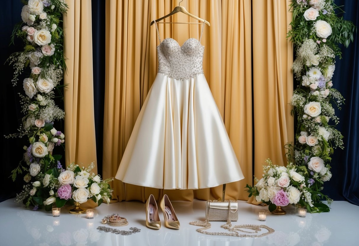 An elegant ankle-length dress hanging on a golden hanger, surrounded by sparkling jewelry and high-heeled shoes, set against a backdrop of luxurious fabric and floral arrangements