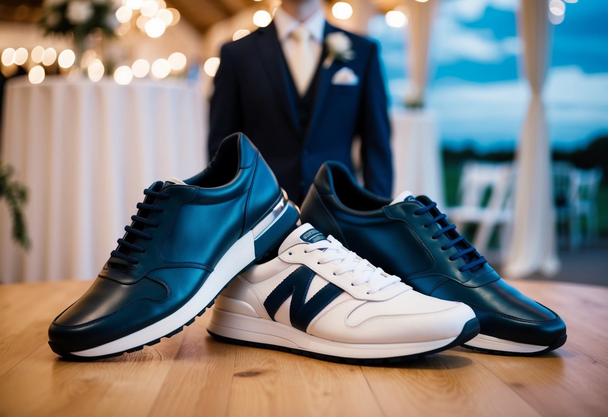 A pair of elegant trainers placed next to a formal suit and dress shoes, set against a backdrop of a wedding venue