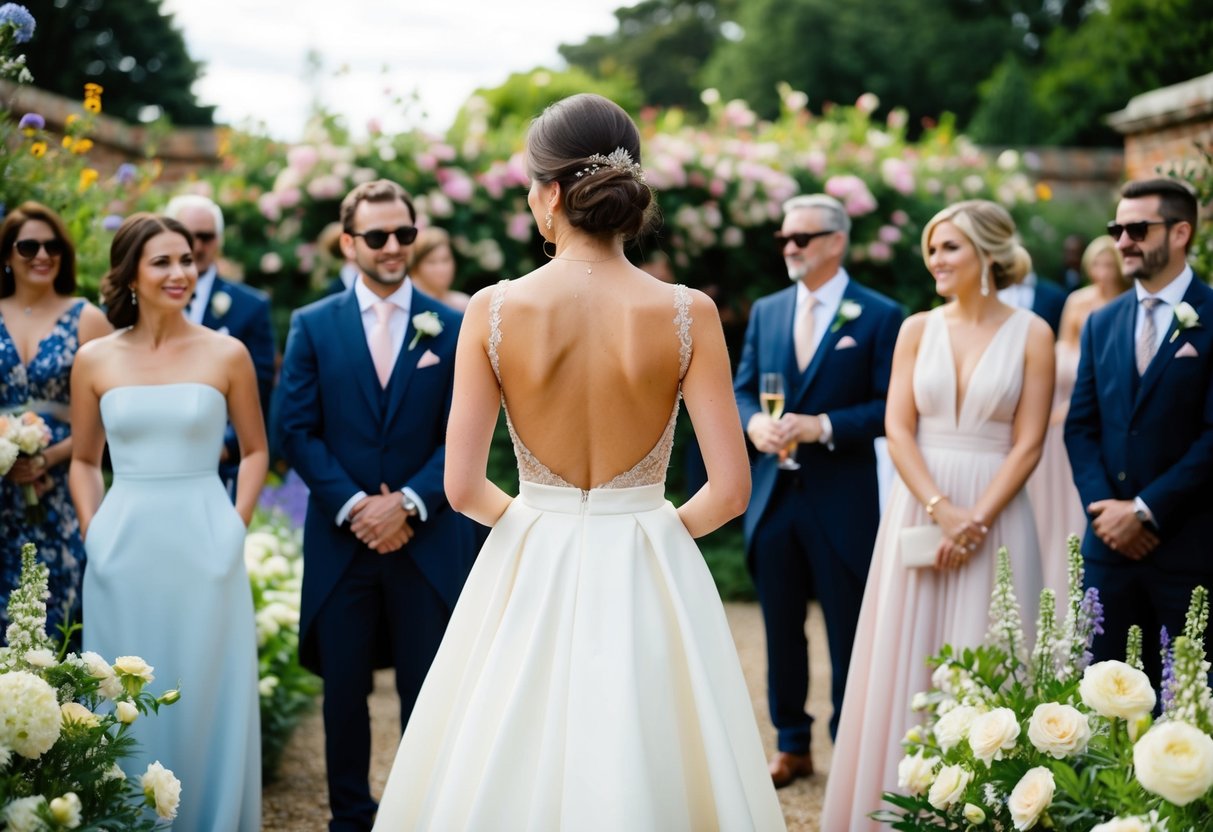 A stylish wedding guest wearing a backless dress, standing in a garden filled with blooming flowers and surrounded by other elegantly dressed attendees
