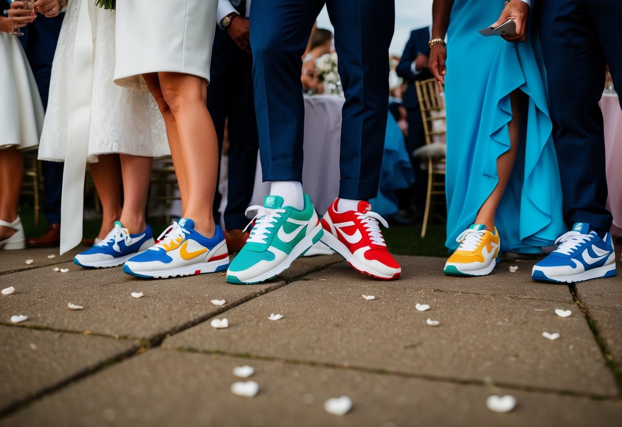 A group of wedding guests wearing stylish and colorful trainers at a wedding reception