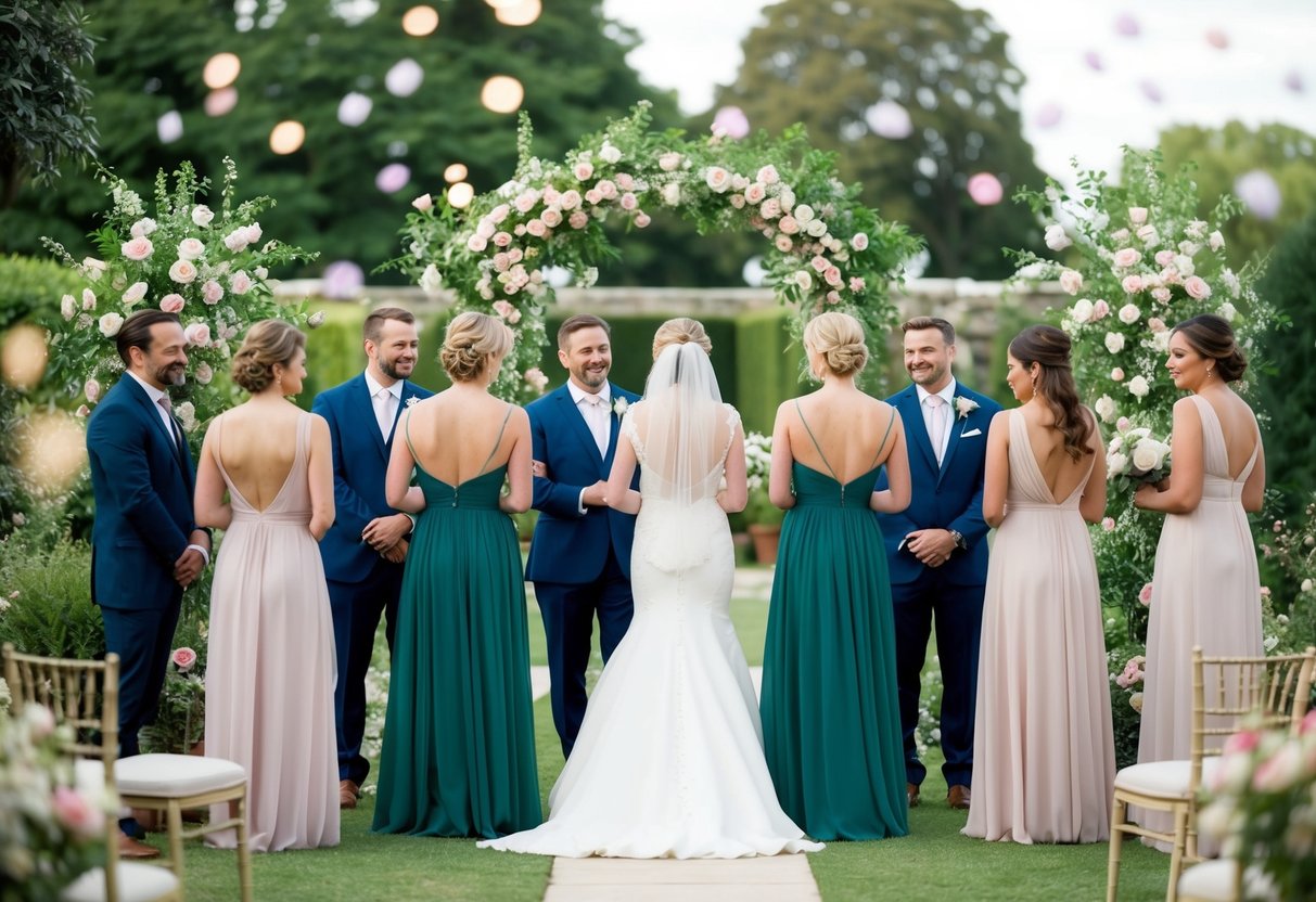 A serene garden wedding with guests in elegant attire, some wearing backless dresses. The setting is adorned with flowers and soft lighting