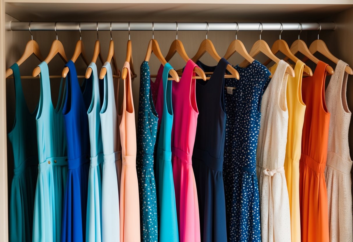 A group of colorful dresses hanging in a closet, some being replaced with new ones