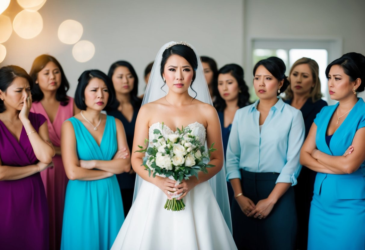 A bride holding a bouquet, surrounded by a group of women, some with disappointed expressions, others looking uncertain