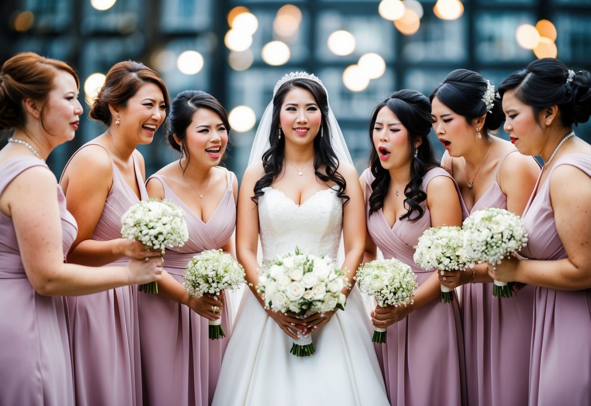 A bride stands between two groups of bridesmaids, one with happy faces and the other with disappointed expressions