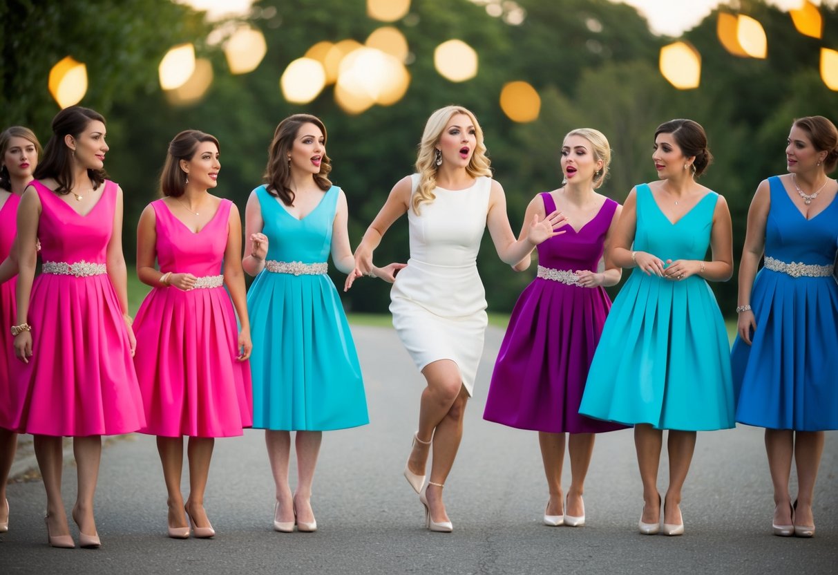 A group of women in matching dresses stand in a line, one woman steps out as the others look on in surprise