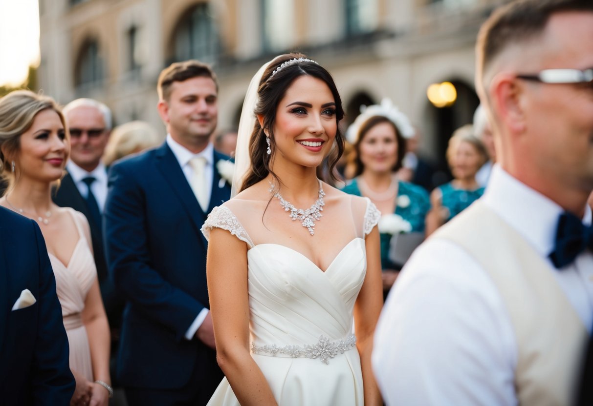 A guest wearing a white dress to a wedding