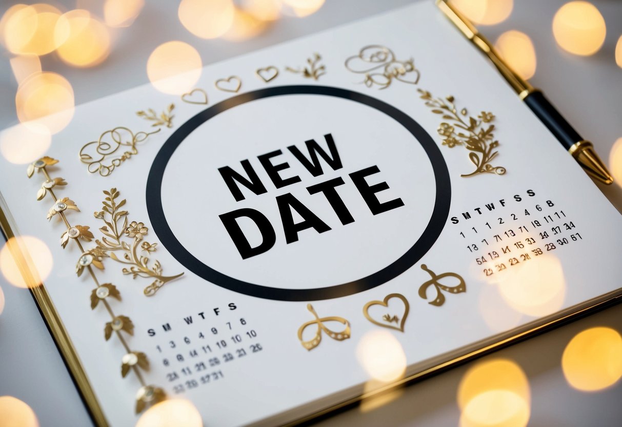 A calendar with a circle around a new date, surrounded by wedding-related decorations and symbols