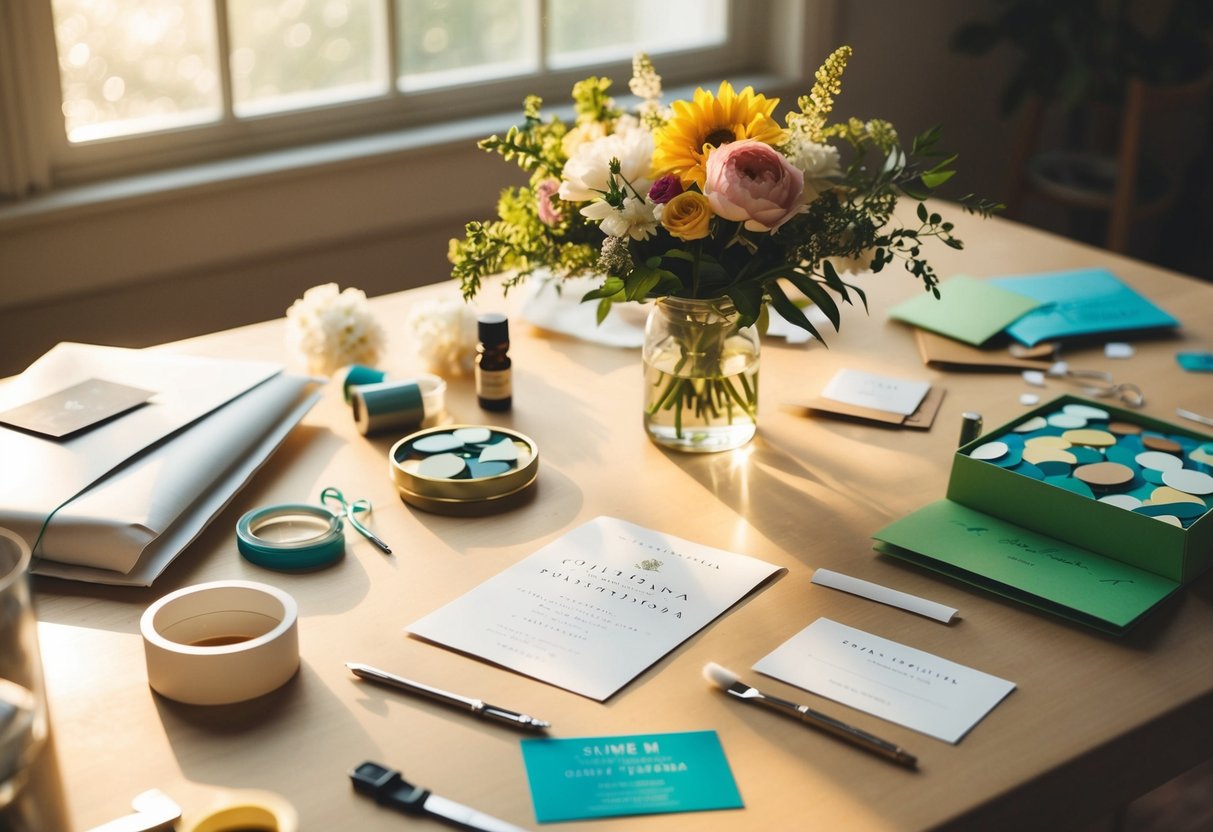 A table scattered with craft supplies, a bouquet of flowers, and a wedding invitation. Sunshine streams in through a window, casting a warm glow