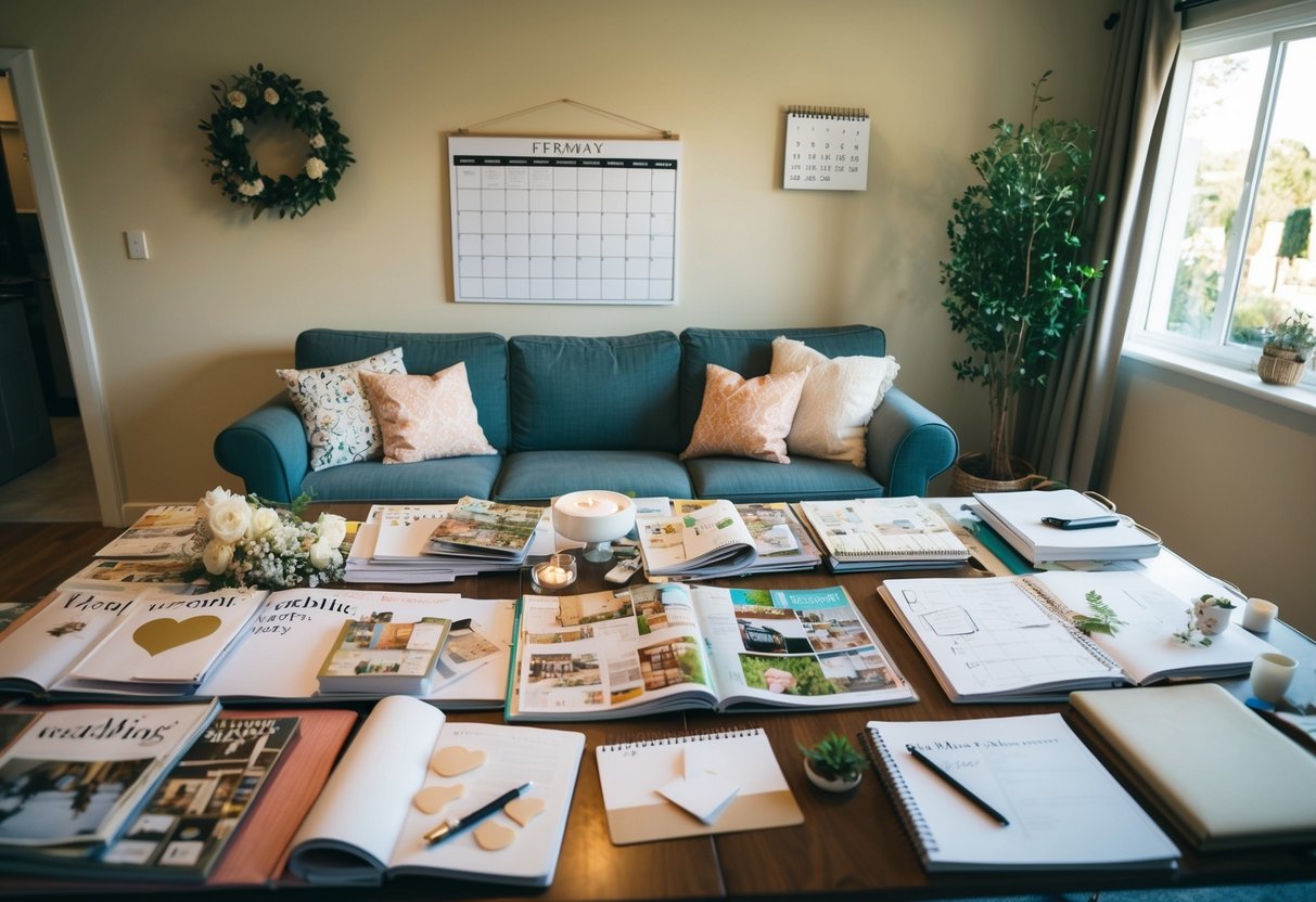A cozy living room with a large table covered in wedding magazines, craft supplies, and a notebook filled with notes and sketches. A calendar on the wall marks the date of the upcoming wedding