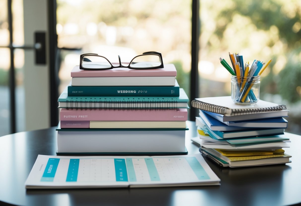 A table with wedding planning books, calendars, and budgeting spreadsheets. A stack of DIY project supplies sits nearby