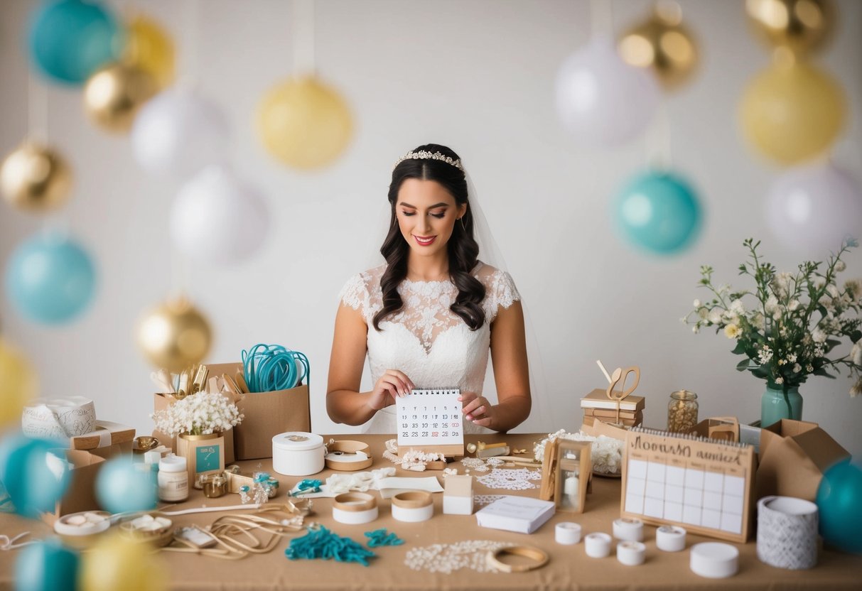 A bride sits at a table covered in craft supplies, surrounded by handmade wedding decor. She looks at a calendar, pondering when to start her DIY projects