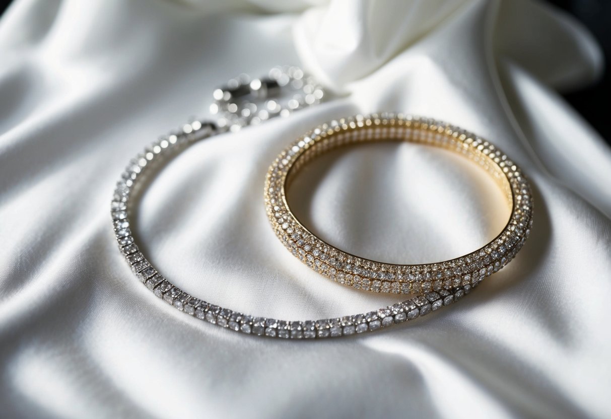 A sparkling silver necklace and a shimmering gold bracelet lay on a pristine white satin wedding dress