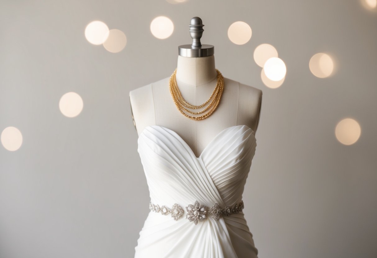 A wedding dress draped over a mannequin, adorned with both gold and silver jewelry, set against a neutral background