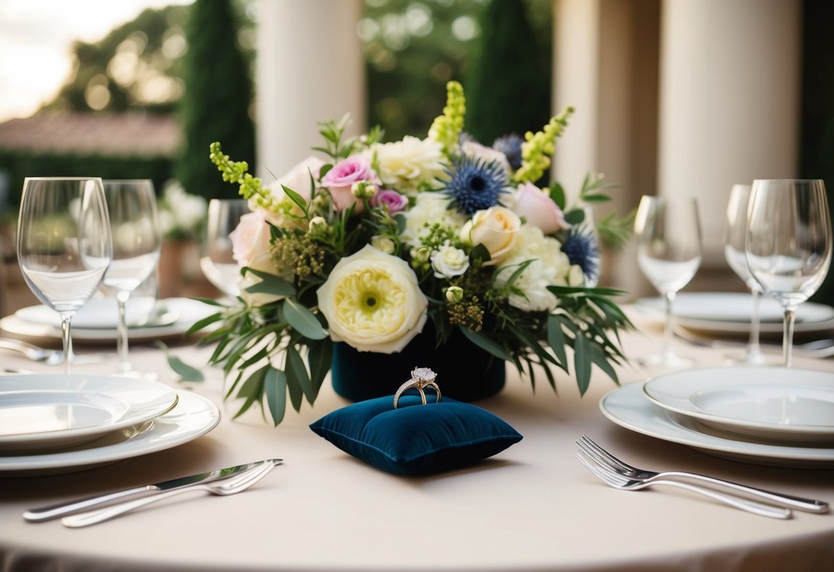 A table set with elegant dinnerware, a bouquet of fresh flowers, and a pair of wedding rings displayed on a cushion