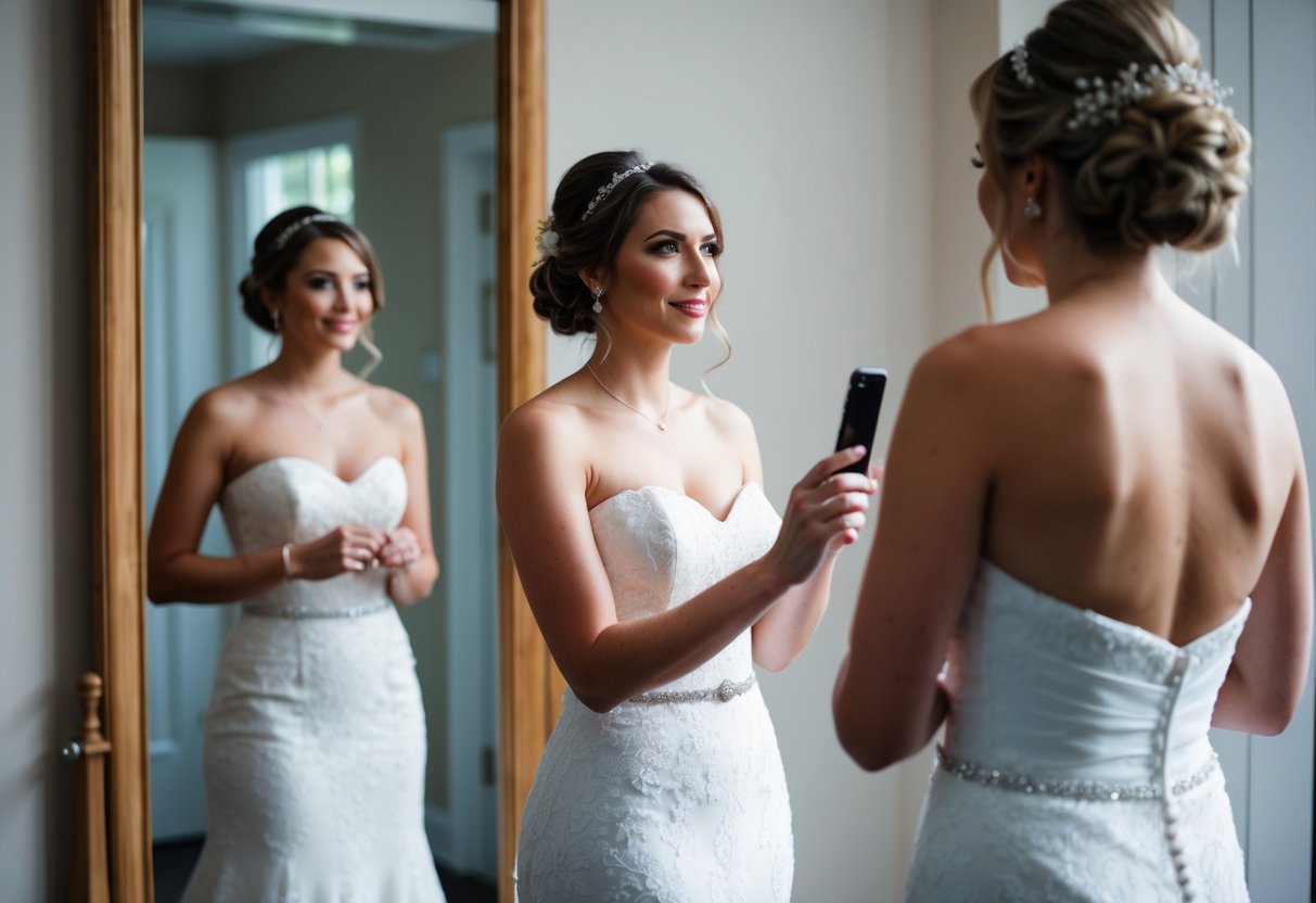 A bride standing in front of a mirror, wearing a strapless wedding dress, contemplating whether to wear her hair up or down