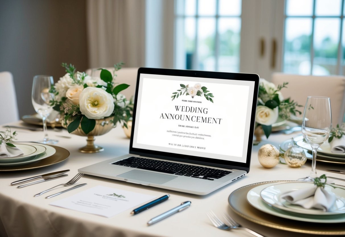 A table set with elegant dishes and flowers, a pen and paper, and a laptop with a wedding announcement template open on the screen