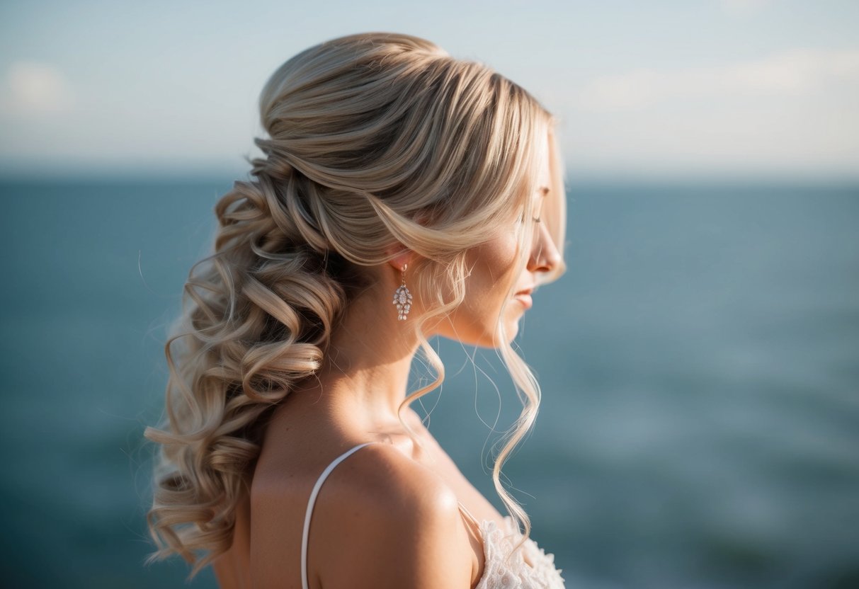 A flowing, romantic downstyle with loose curls cascading over bare shoulders