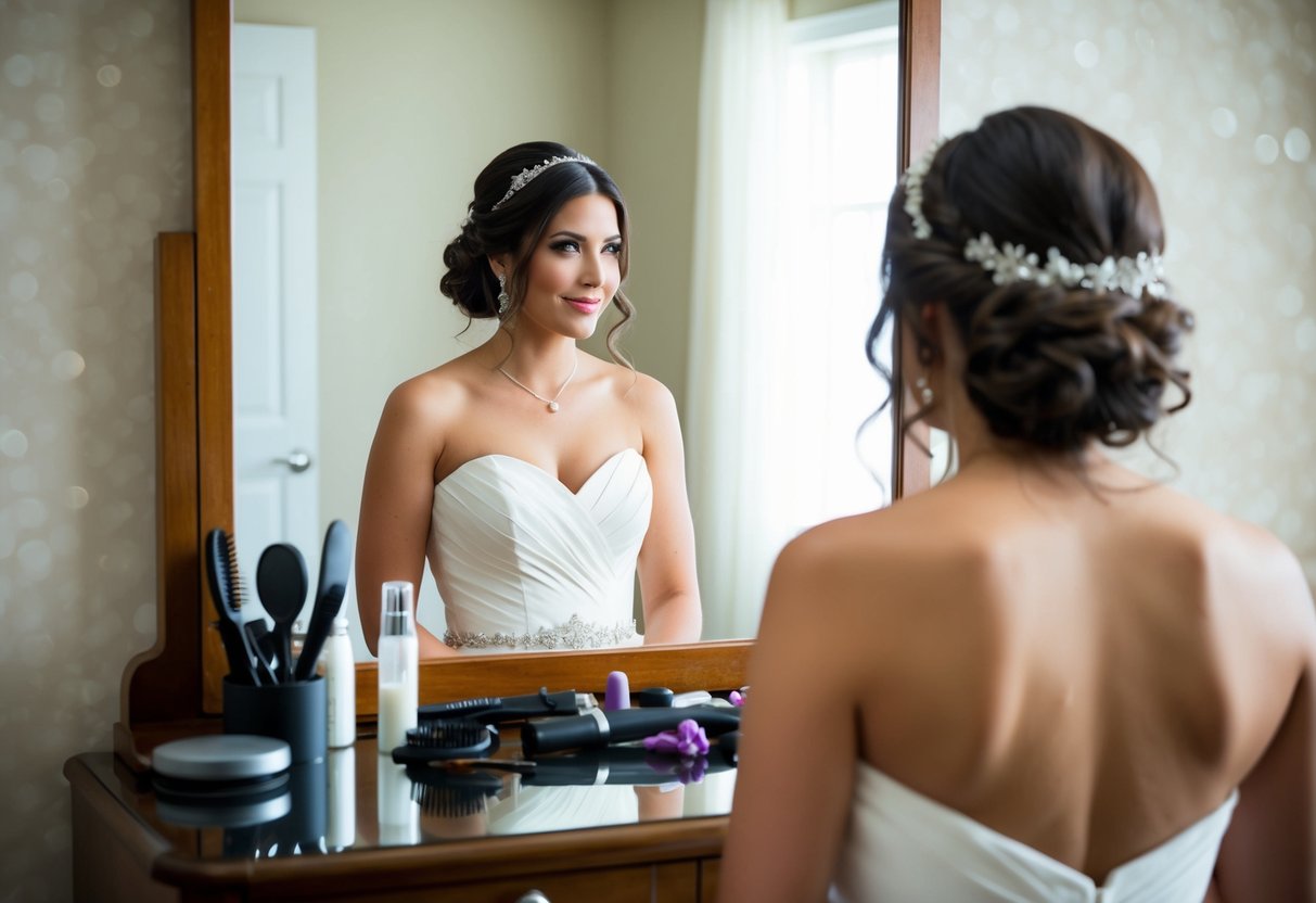 A bride with a strapless wedding dress contemplates her hairstyle, standing in front of a mirror with various hair accessories and styling tools on a vanity