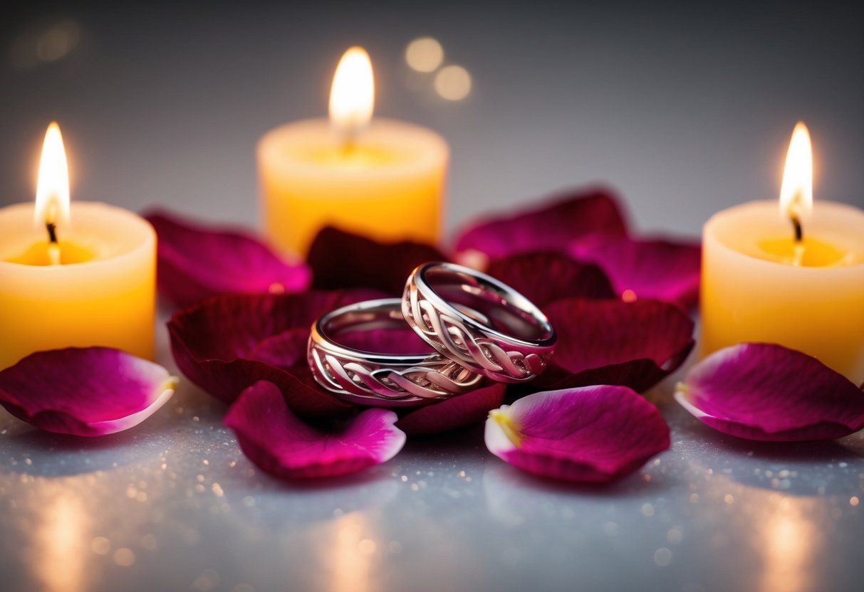 A pair of intertwined rings resting on a bed of rose petals, surrounded by five lit candles symbolizing each year of marriage