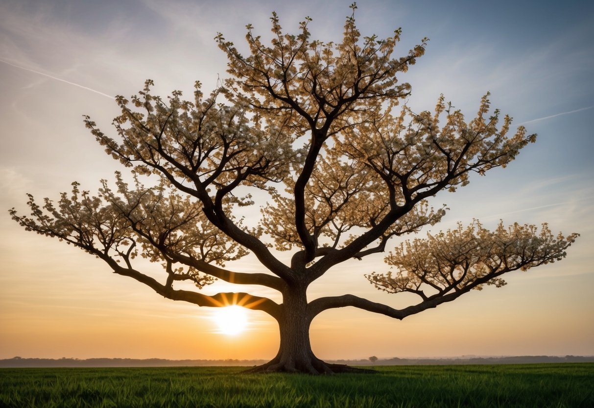 A blooming tree with five intertwined branches, each representing a year of growth and strength, standing tall against a setting sun