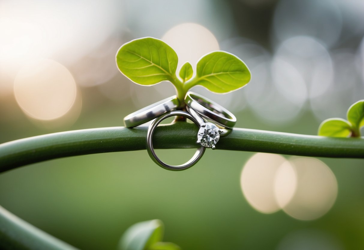 A couple's wedding rings entwined with a sprouting vine, symbolizing growth and unity after 5 years of marriage