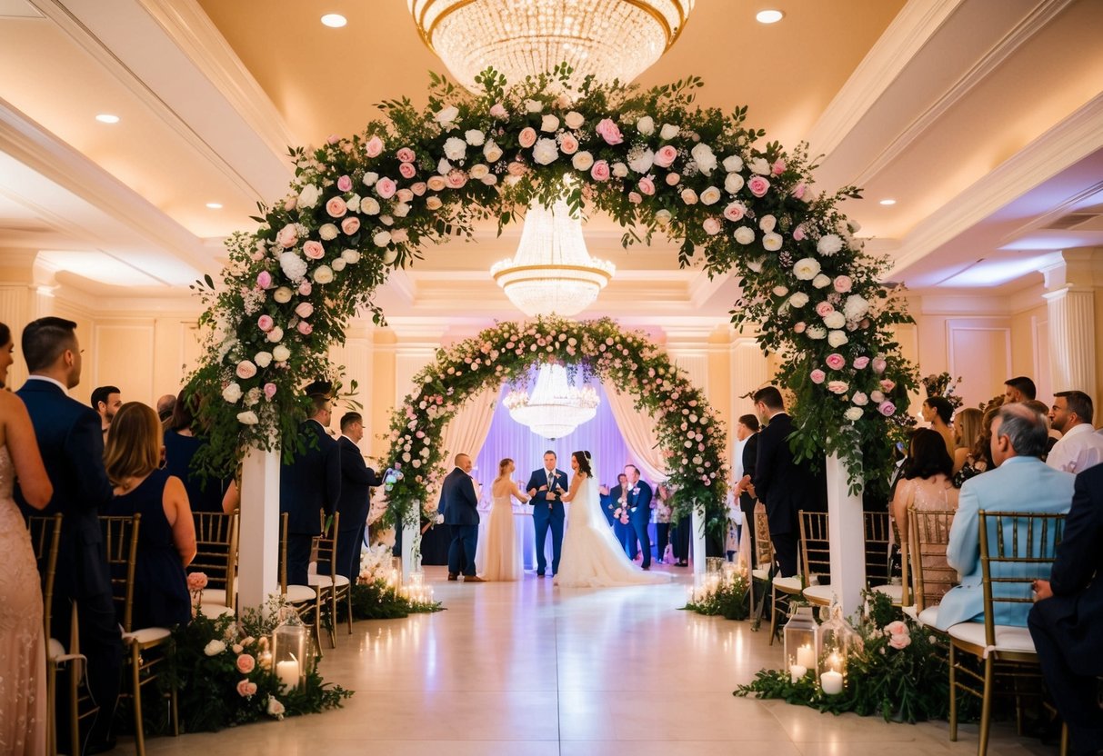 A grand archway adorned with flowers and lights welcomes guests to a lively reception celebration