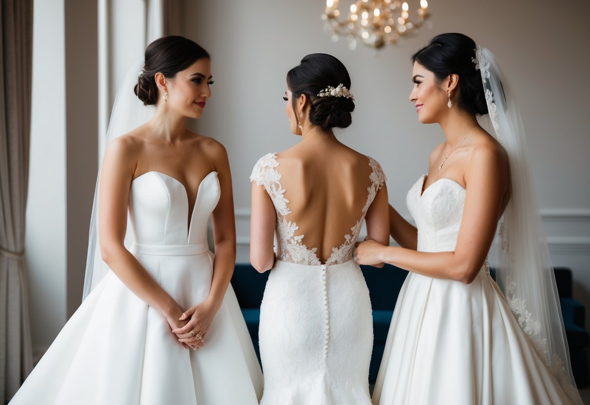 A bride in a modern wedding dress with a low neckline stands next to a traditional wedding gown, symbolizing the struggle between tradition and personal style