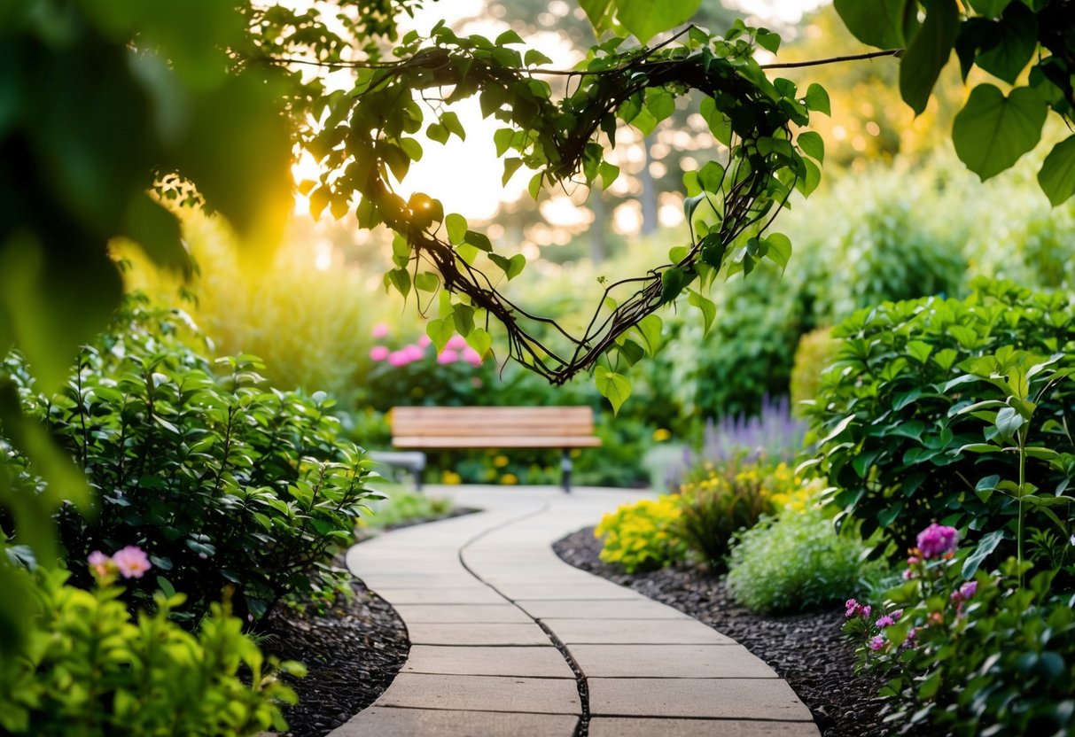 A winding path through a lush garden, with a pair of intertwined vines forming a heart shape above a bench