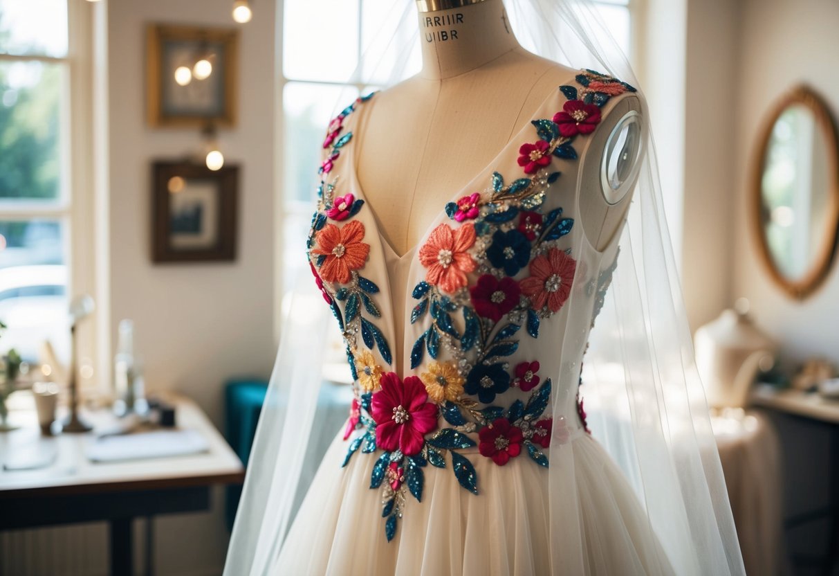 A wedding dress adorned with vibrant floral embroidery and sparkling sequins, draped over a mannequin in a sunlit atelier