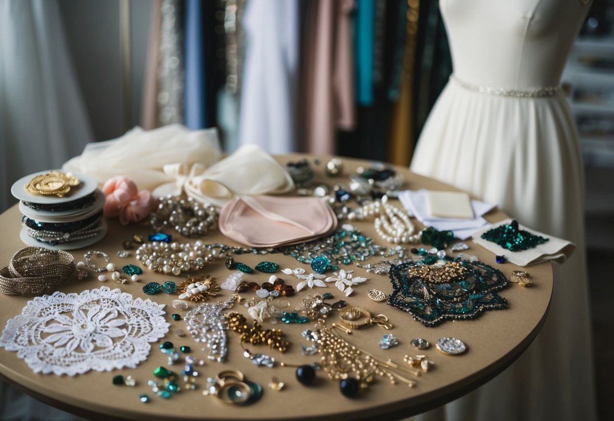 A table scattered with various embellishments - lace, beads, sequins, ribbons, and fabric swatches. A dress form stands nearby, waiting to be adorned