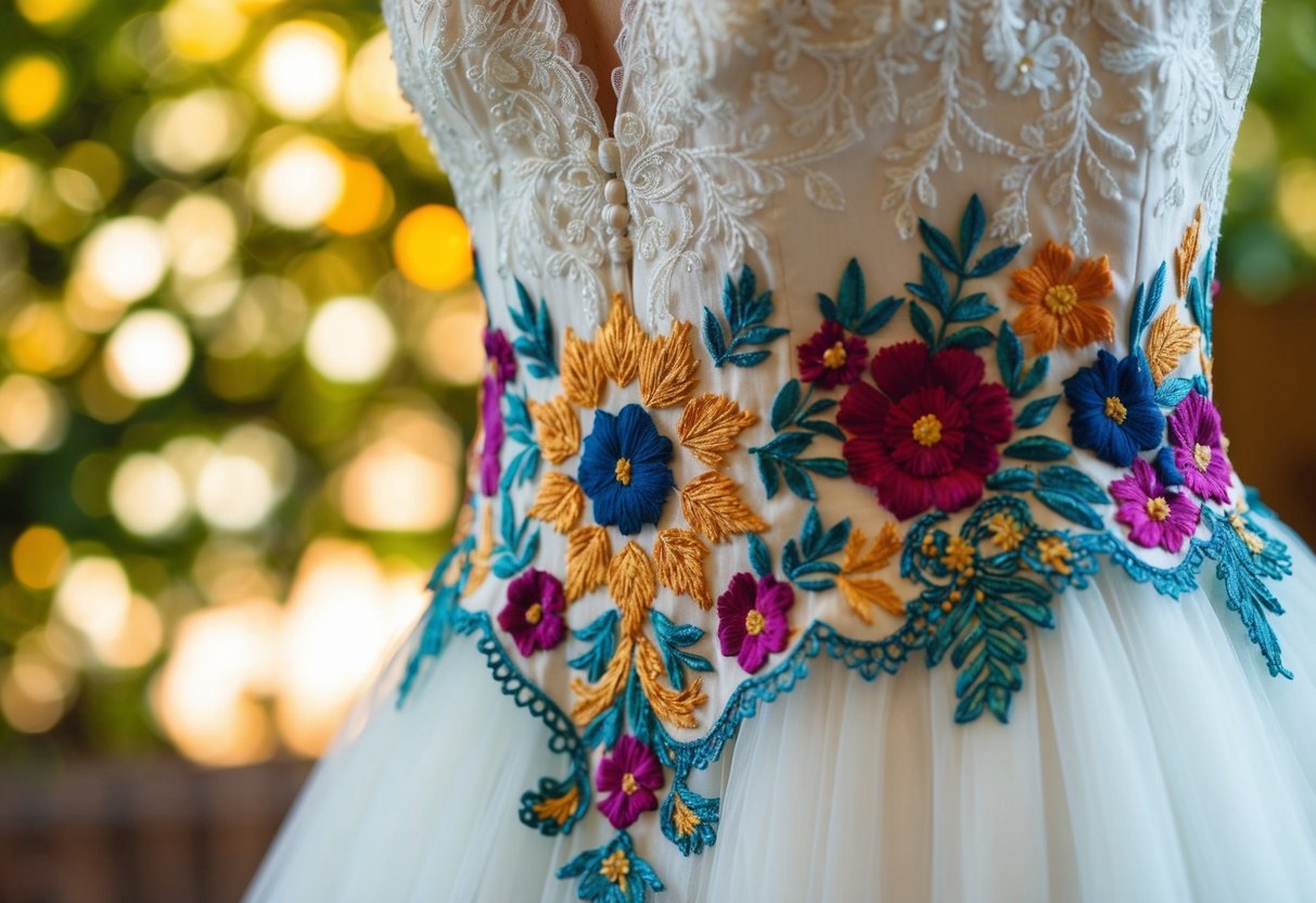 A wedding dress being adorned with colorful, intricate embroidery and delicate lace appliques, adding a unique and eye-catching touch