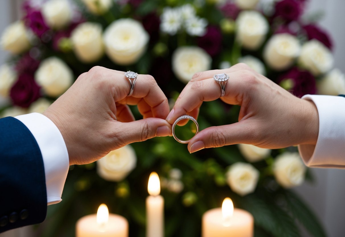The exchange of wedding rings symbolizing unity and commitment, set against a backdrop of flowers and candles
