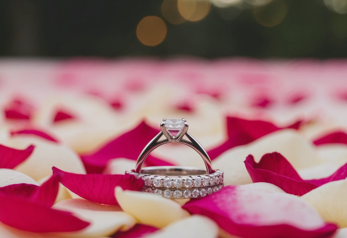 A wedding ring placed on a bed of rose petals