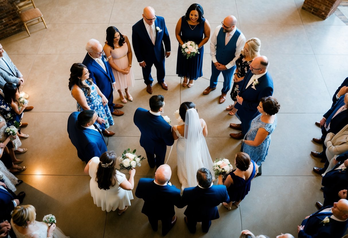 A circle of family and friends surrounding a couple at the altar, symbolizing support and unity