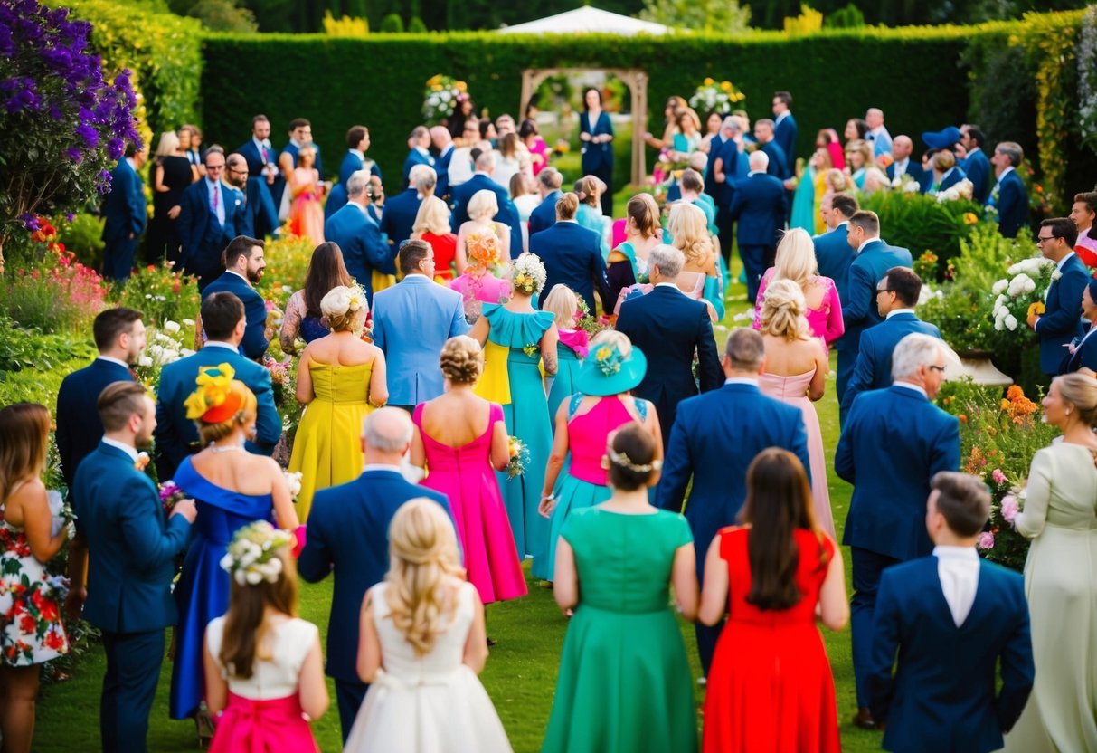 A vibrant garden filled with guests in colorful attire at a wedding celebration