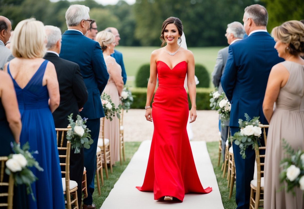 A woman in a bright red dress stands out among guests in muted tones at a wedding ceremony