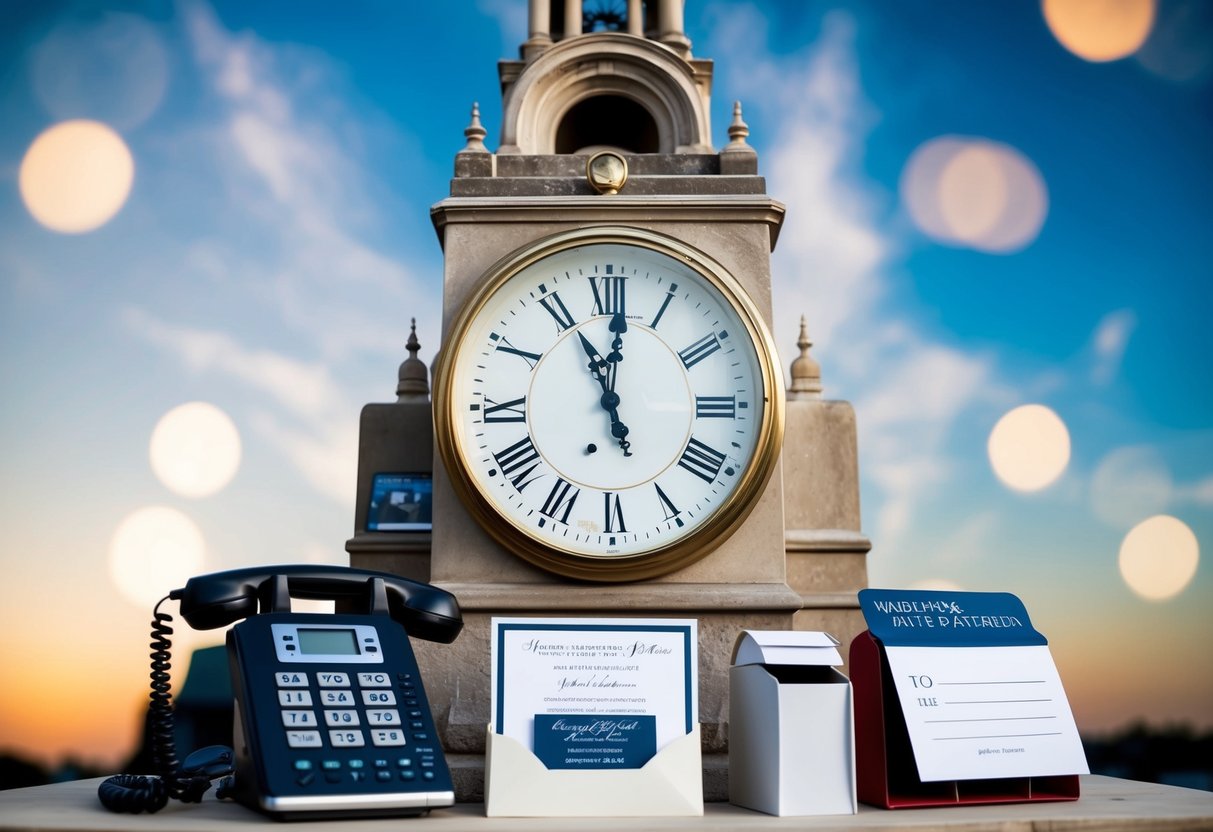A clock tower surrounded by various symbols of communication, such as telephones and mailboxes, with a wedding invitation prominently displayed