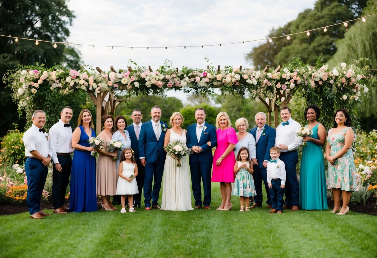 A diverse group of friends and family gather in a garden under a canopy of flowers for a vow renewal ceremony