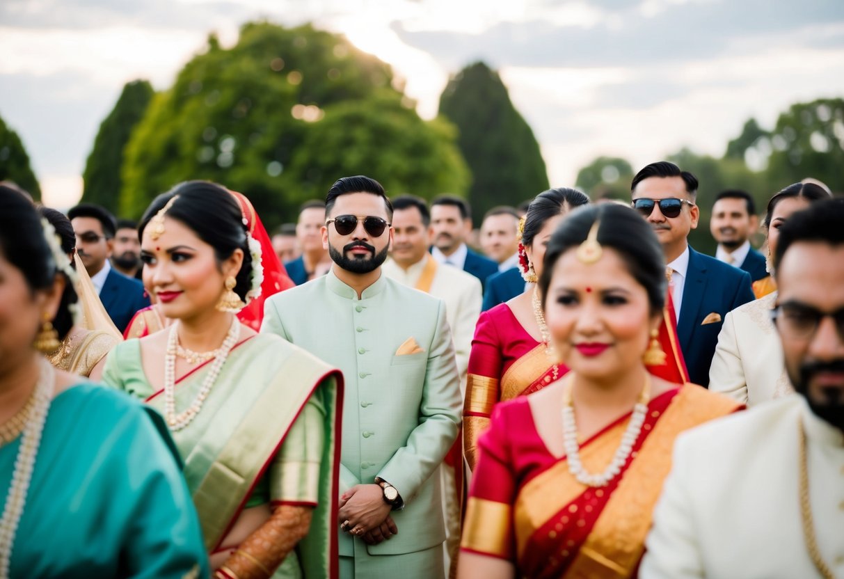 A wedding scene with guests wearing muted, traditional attire, avoiding bright colors