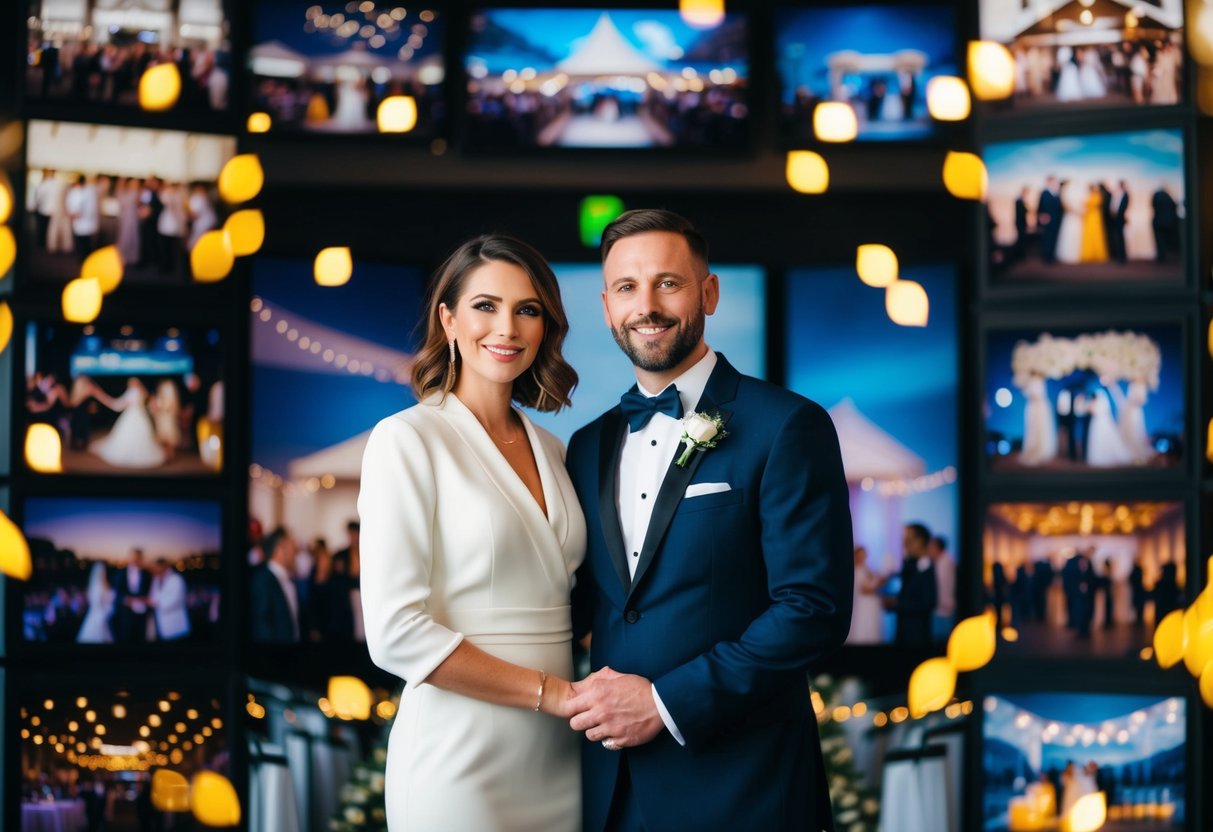 A couple standing in front of a variety of venue options, surrounded by images and decorations reflecting different themes