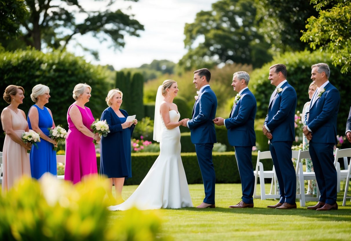 A couple standing together, surrounded by close family and friends, exchanging vows in a beautiful garden setting