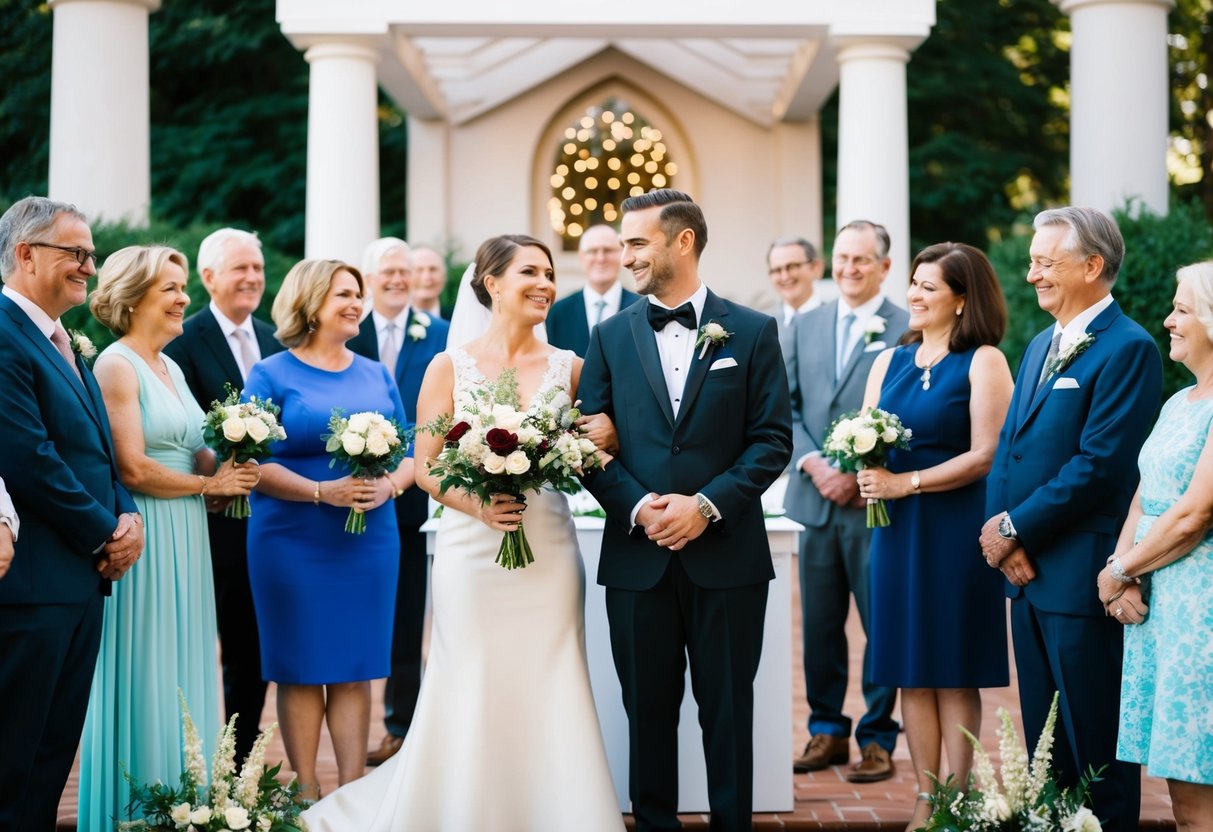 A couple standing at an altar with family and friends surrounding them, holding flowers and smiling