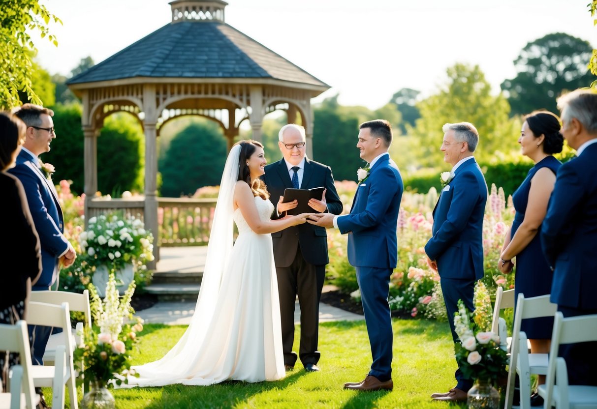 A couple stands in a picturesque garden, surrounded by blooming flowers and a charming gazebo. An officiant leads them through a heartfelt vow renewal ceremony
