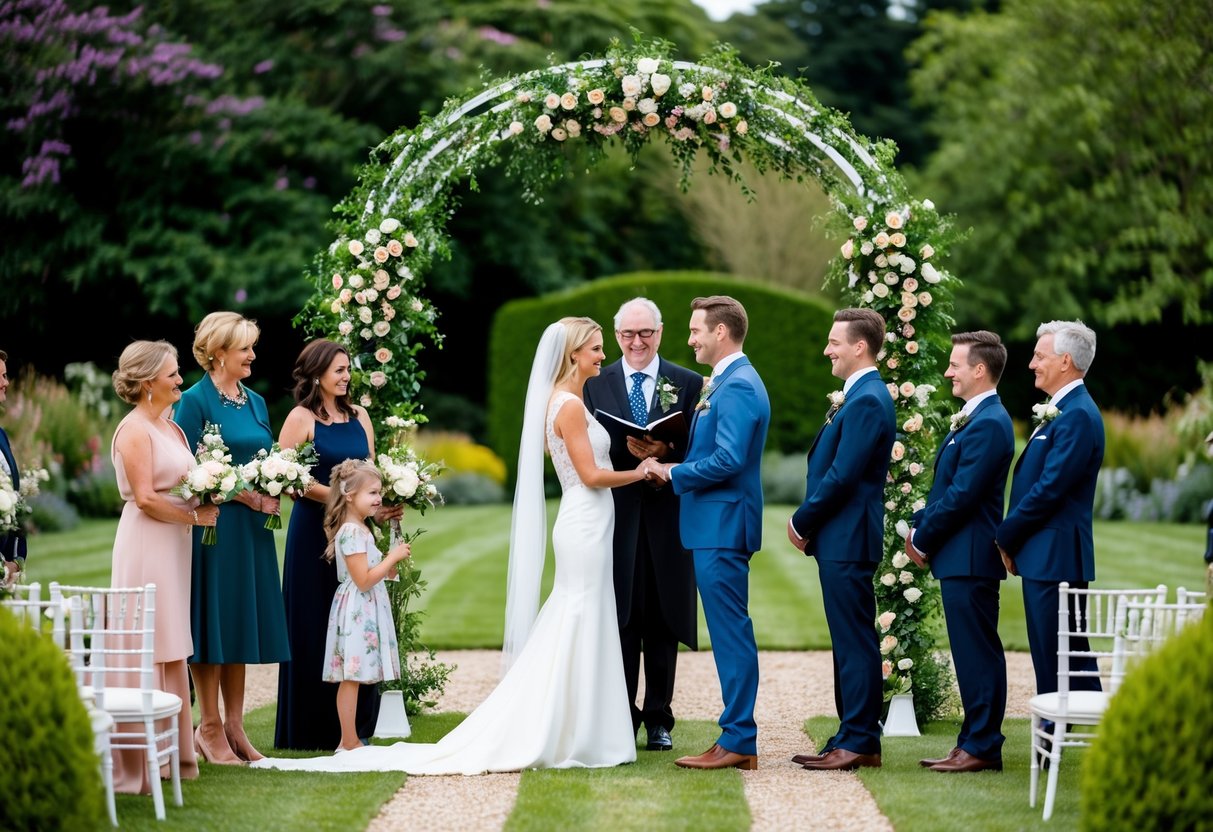 A couple stands in a lush garden under a decorated arch, surrounded by family and friends, exchanging vows during their vow renewal ceremony in the UK
